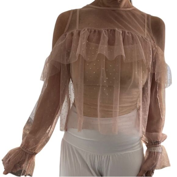 NEW House Of Harlow 1960 Ruffle Cold Shoulder Sheer  Blouse.Size XS - Picture 1 of 17